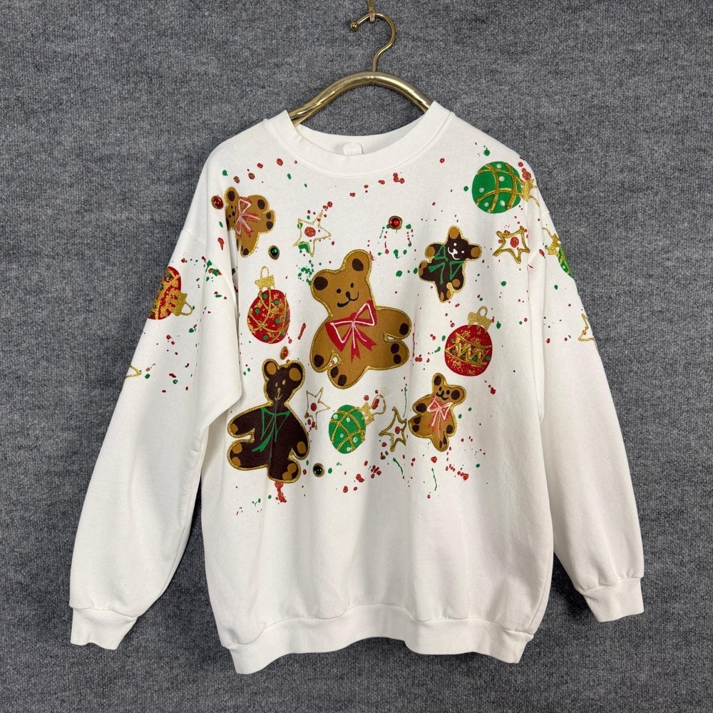 Vintage 80s Holiday Sweatshirt Womens XL White Puff Paint Grandma‎ Pullover